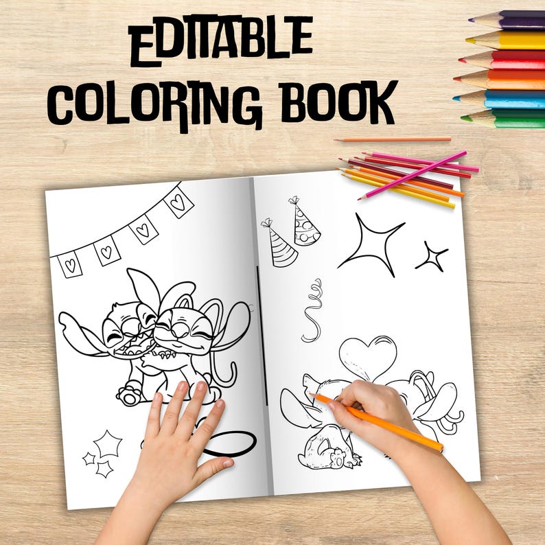 May include: A black and white coloring book featuring Stitch and Angel from the Disney movie Lilo & Stitch. The book has a cover that says "Editable Coloring Book" and includes a child's hand coloring the book with a yellow pencil.