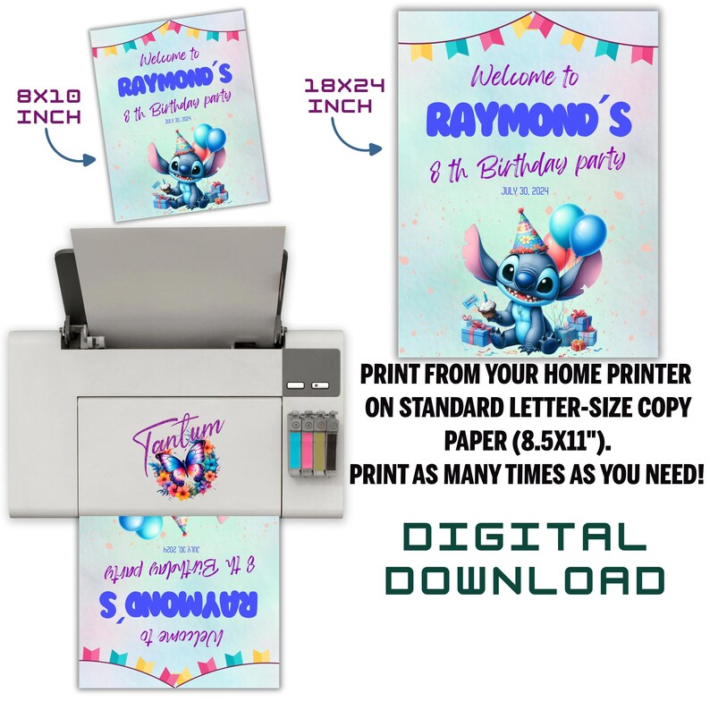 May include: Printable 8x10 inch and 18x24 inch digital download birthday party invitation featuring a blue Stitch character from Lilo & Stitch. The invitation has a light blue background with colourful flags and balloons. The text reads "Welcome to Raymond's 8th Birthday Party".