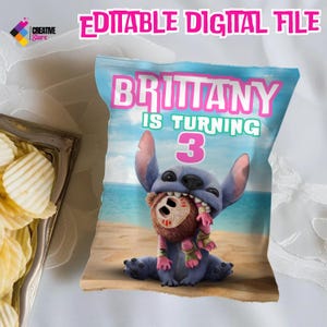 May include: A printable chip bag design featuring Stitch from Lilo & Stitch. The bag is pink and blue with the text "Brittany is turning 3".