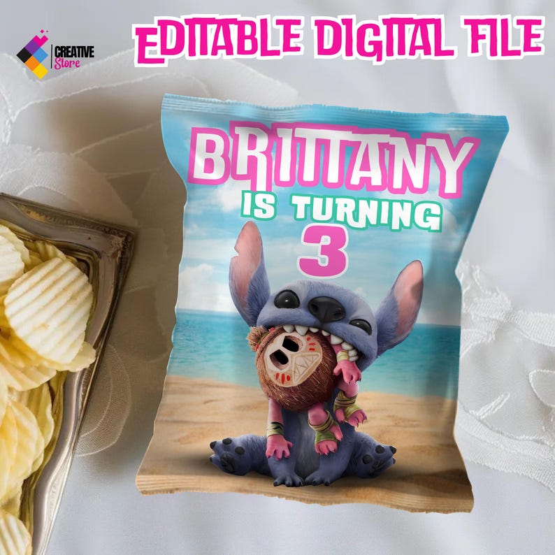 May include: A printable chip bag design featuring Stitch from Lilo & Stitch. The bag is pink and blue with the text "Brittany is turning 3".
