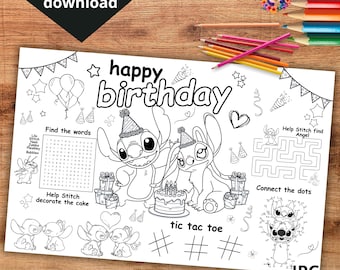 Birthday placemat for Stitch and Angel, Stitch and Anglel party coloring activity mat, children's party activity, INSTANT DOWNLOAD ST03