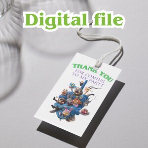 May include: A white tag with a string, featuring a cartoon illustration of various animals in a blue design. The tag has the text "THANK YOU FOR COMING TO MY PARTY" and "Digital file" in green.