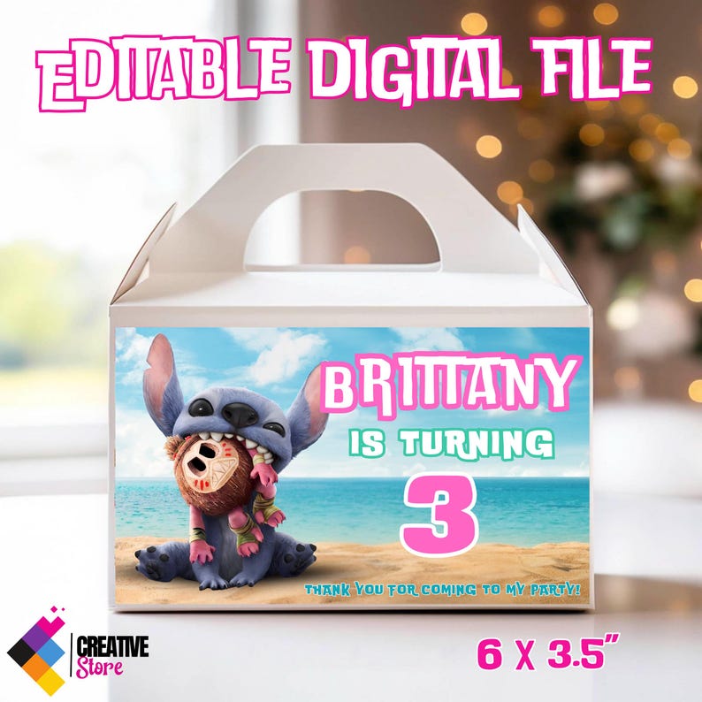 May include: A blue and white cartoon character holding a brown and pink character. The background is a beach scene with blue water and a sandy beach. The text on the box reads "BRITTANY IS TURNING 3 THANK YOU FOR COMING TO MY PARTY!" and "6 X 3.5".