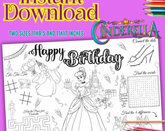 Cinderella activity placemat, Cinderella coloring page, birthday Cinderella placemat, Cindrella party, coloring activity, INSTANT DOWNLOAD