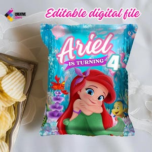 Editable little mermaid Chip Bags for party favors, Little mermaid princesses party bags, Theme birthday, Chip bags, DIGITAL DOWNLOAD S10