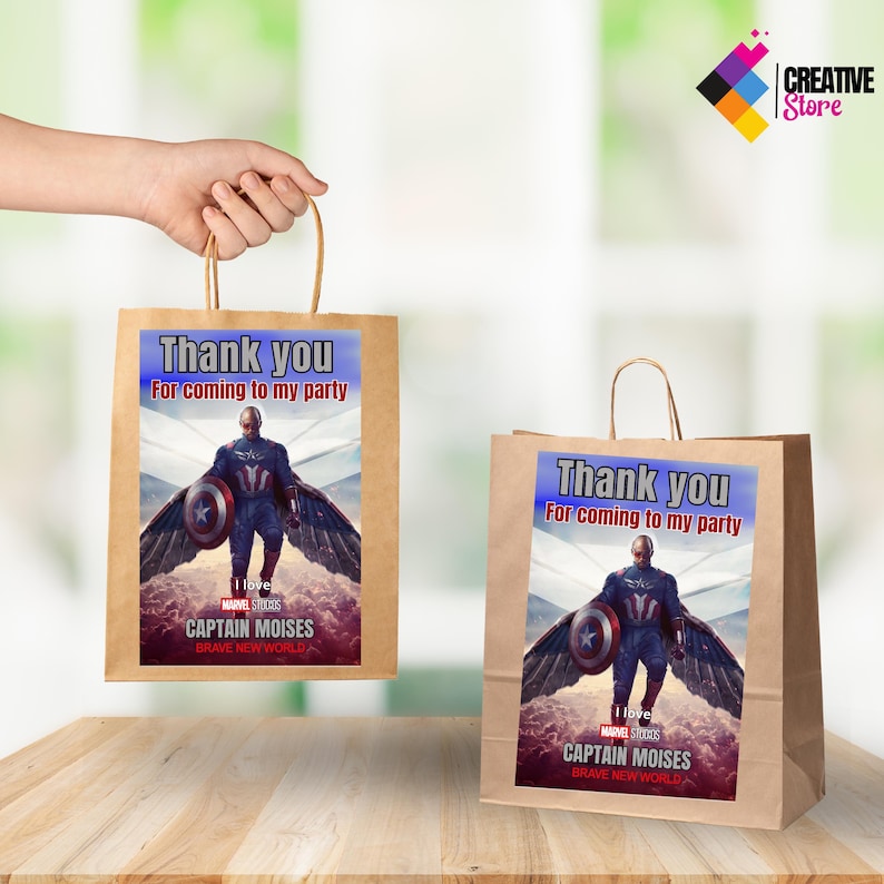 May include: Two brown paper gift bags with handles. Each bag has a printed label with a superhero character, the text "Thank you for coming to my party", and the words "I love Marvel Studios Captain Moises Brave New World".