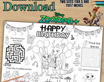 ズートピア バースデープレースマット、ズートピア パーティー、ズートピア ぬりえアクティビティマット、ズートピア キッズパーティーアクティビティ、ぬりえページ、即時ダウンロード Z72