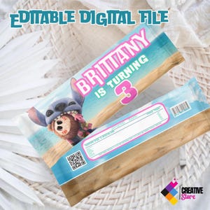 May include: Editable digital file for a candy bar wrapper featuring a cartoon character from the movie Lilo & Stitch. The wrapper is blue, pink, and brown with a beach scene. The text on the wrapper says "Brittany is turning 3".
