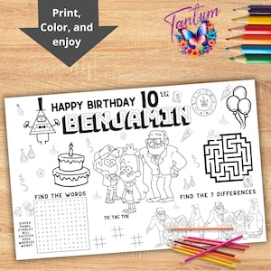 Personalized Birthday Party Mat, gravity falls Birthday Party Activity Sheet, Custom Word Search,Custom gravity falls Birthday Coloring GF15