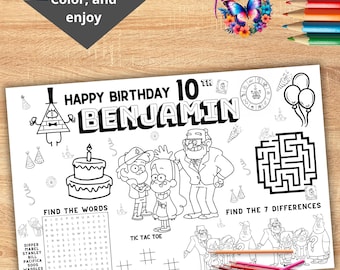 パーソナライズされた誕生日パーティーマット、グラビティフォールズ誕生日パーティーアクティビティシート、カスタムワードサーチ、カスタムグラビティフォールズ誕生日ぬり絵GF15
