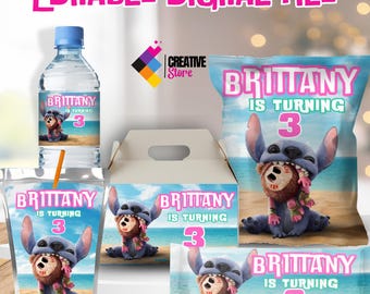 Editable Stitch Party Pack, Lilo and Stitch Potato Chip Bag, Bottle Label, Chocolate Label, Gable Box, EDITABLE DIGITAL FILE LS05