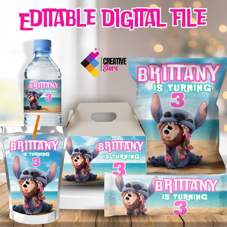 May include: Printable party favor labels featuring a blue cartoon character with a pink background. The labels say "Brittany is turning 3" and feature a beach scene. The labels are for a water bottle, juice box, snack bag, favor box, and a candy bar wrapper.