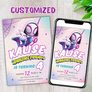 Puede incluir: Una invitación de cumpleaños rosa y morada con un personaje de dibujos animados de Spider-Gwen. La invitación dice "Kalise cumple 4 años" e incluye la fecha y la hora de la fiesta.