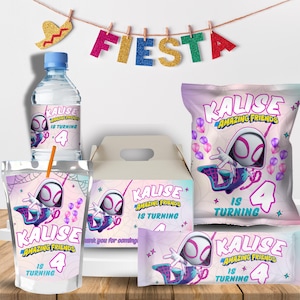 Editable ghost spider girl Party Pack, Ghost spider Potato Chip Bag, Bottle Label, Chocolate Label, Gable Box,EDITABLE DIGITAL FILE S38