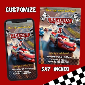 Puede incluir: Una invitación de cumpleaños de Cars de color rojo y negro con un fondo de pista de carreras. La invitación dice "Rev up and party!" y "Braison cumple 5 años". Incluye la fecha, la hora, la ubicación y la información de RSVP. La invitación mide 5x7 pulgadas.
