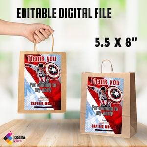 Könnte beinhalten: Zwei braune Papiertüten mit Henkeln. Jede Tüte hat ein bedrucktes Etikett mit einem Comicbild von Captain America, dem Text "Danke" und den Worten "Für deinen Besuch auf meiner Party". Die Etiketten enthalten auch den Text "Ich liebe Captain Moises".