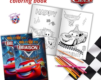 May include: A Cars-themed coloring book with a black and white illustration of Lightning McQueen on the cover. The book is open to a page with a black and white illustration of Mater. The book is titled "Happy Birthday" and has the name "Braison" and the number "2" on the cover. The book is surrounded by colored pencils.