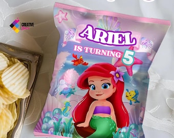 Editable little mermaid Chip Bags for party favors, Little mermaid princesses party bags, Theme birthday, Chip bags, DIGITAL DOWNLOAD S10