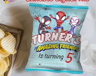 Editable Spidey and his amazing friends Chip Bags, Spidey and his friends party bags, Theme birthday, Custom chip bags, DIGITAL DOWNLOAD S11