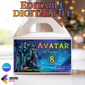 May include: White party favor box with an Avatar theme. The box features a colorful design with Avatar characters and the text "AVATAR IS TURNING 8". The box measures 6 x 3.5 inches.