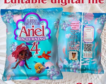 Editable little mermaid Ariel Chip Bags for party favors, Ariel party bags, Ariel Theme birthday, Custom chip bags, DIGITAL DOWNLOAD A60