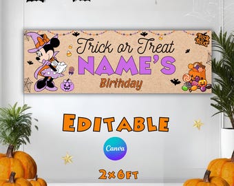 Projekt baneru na Halloween z Minnie, spersonalizowany baner na „cukierek albo psikus”, impreza urodzinowa z okazji Halloween, dekoracja, edytowalny w serwisie Canva, plik cyfrowy - M06