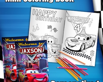 May include: Two personalized coloring books featuring a red race car and a tow truck. The books have the text "Welcome to Jaxson 4th Birthday" and "Happy Birthday Jaxson 4".
