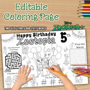 以下が含まれることがあります： 「Happy Birthday Zootopia」と「5th」の文字が入った、ズートピアをテーマにした塗り絵。迷路、単語検索、点つなぎなどのアクティビティが含まれています。27.9 x 21.6 cmと43.2 x 27.9 cmの2つのサイズがあります。