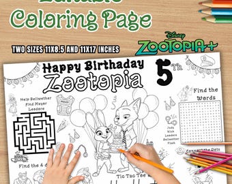 Birthday Party EDITABLE Placemat, Zootoprolis Birthday Activity Sheet, Coloring Page,Zootopia Birthday Placemat,Zootropolis,DIGITAL FILE Z72