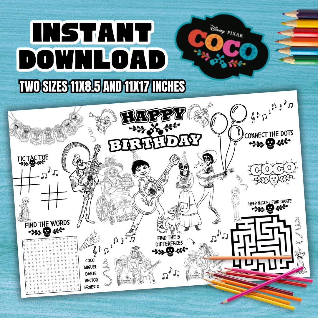 Coco Coloring Page, Coco Birthday Placemat, Coco Activity Set Paty