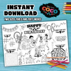 Op de afbeelding: Een zwart-wit kleurplaat met Coco-thema met de tekst "Happy Birthday". Bevat activiteiten zoals boter-kaas-en-eieren, een woordzoeker, een doolhof en verbind-de-stippen. Twee formaten: 21,6 x 27,9 cm en 27,9 x 43,2 cm.