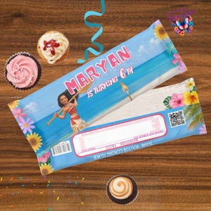 May include: Blue and white favor bag with a cartoon image of Moana from Disney's Moana. The bag has a text overlay that says "Maryan is turning 6th".