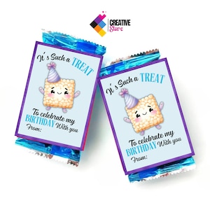 May include: Two blue and purple treat bags with a cartoon rice crispy treat wearing a party hat. The bags have the text "It's Such a TREAT" and "To celebrate my BIRTHDAY With you" on them.