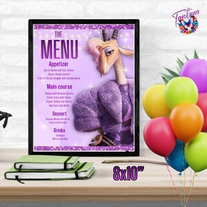 以下が含まれることがあります： 紫色のコートを着た漫画のガゼルが描かれた、額入りのメニュープリント。メニューには、前菜、メインコース、デザート、ドリンクが記載されています。プリントのサイズは20.32 x 25.4 cmで、カラフルな風船が添えられています。