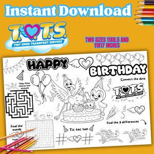 Könnte beinhalten: Ein schwarz-weißes, druckbares Geburtstags-Aktivitätsblatt mit dem Text "Happy Birthday". Enthält ein Labyrinth, eine Wortsuche, Verbinde-die-Punkte, Tic-Tac-Toe und Such-den-Unterschied-Spiele. Mit dem Logo "T.O.T.S. Tiny Ones Transport Service" und Illustrationen.
