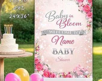 Baby Shower Welcome Sign Canva Template, Baby in Bloom Floral Sign, Pink Editable Welcome Poster, DIGITAL FILE DOWNLOAD - B140