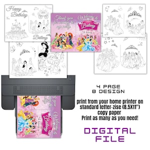 May include: Printable 8-page design for a princess-themed birthday party. The design includes a welcome sign, thank you card, and coloring pages featuring Disney princesses. The text on the welcome sign reads "Welcome to Brittany's Party I'm turning 5".