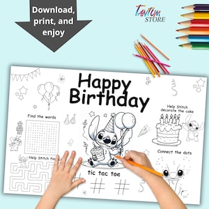 Birthday placemat for Stitch,Stitch party coloring activity mat, children&#39;s party activity |Coloring page,INSTANT DOWNLOAD ST03