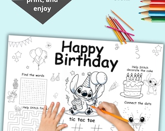 Birthday placemat for Stitch,Stitch party coloring activity mat, children's party activity |Coloring page,INSTANT DOWNLOAD ST03