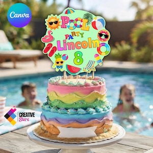 Editable Pool party cake topper, Summer cake topper, Pool decoration party, Pool party, EDITABLE FILE - P129