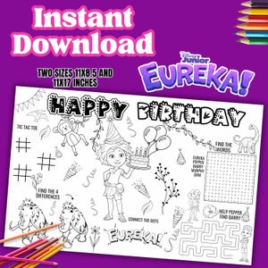 Eureka coloring page, Eureka birthday placemat, Eureka activity set, Eureka party, Eureka kids party activity,Disney junior,INSTANT DOWNLOAD