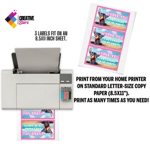 May include: A white printer with a sheet of paper printing labels. The labels have a cartoon character and the text "THANK YOU FOR COMING TO MY PARTY!" The image also states that 3 labels fit on an 8.5x11 inch sheet.
