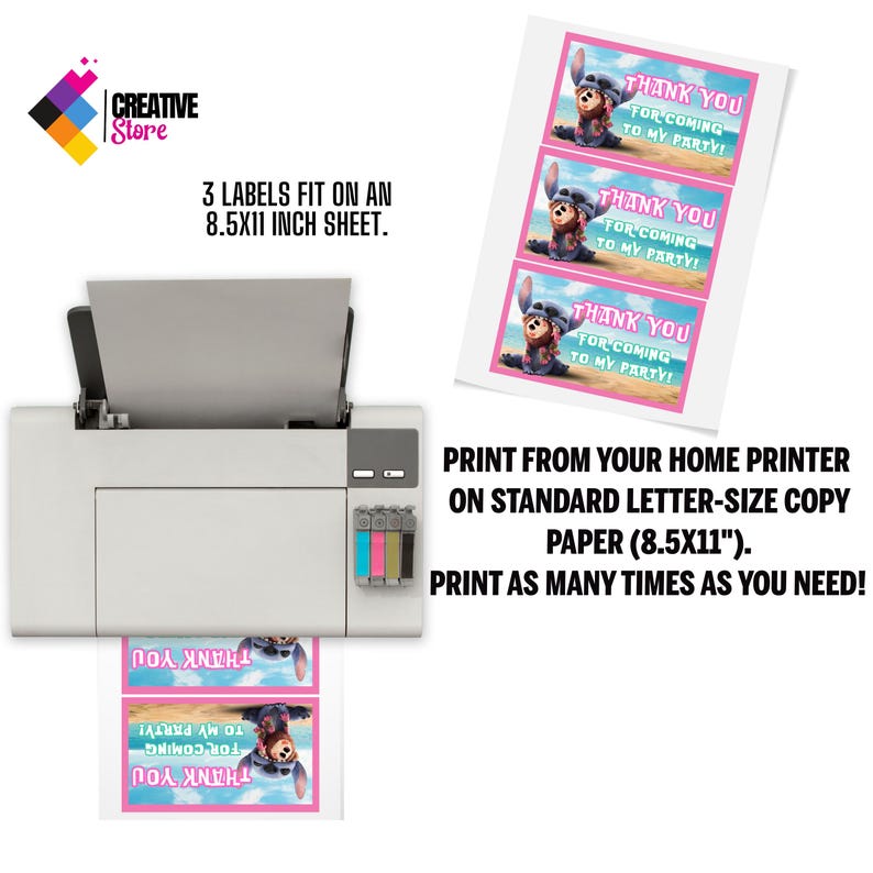 May include: A white printer with a sheet of paper printing labels. The labels have a cartoon character and the text "THANK YOU FOR COMING TO MY PARTY!" The image also states that 3 labels fit on an 8.5x11 inch sheet.