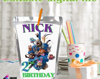 Editable Zootopia Caprisun label, Fun Juice Pouch Labels Kids Template Printable , Zootropolis Theme party, DIGITAL FILE Z72