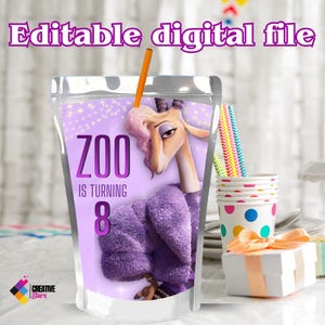 May include: A digitally editable party favor bag featuring a cartoon giraffe in a purple coat. The bag reads "ZOO IS TURNING 8" in purple text. A straw is inserted into the bag. Colorful straws, polka dot cups, and a gift box are in the background.
