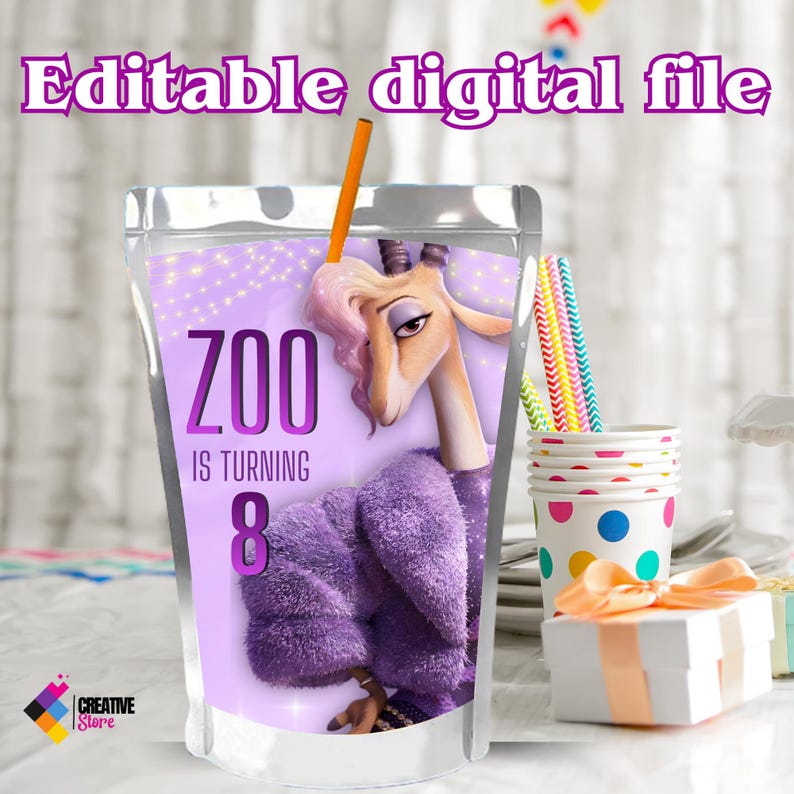 May include: A digitally editable party favor bag featuring a cartoon giraffe in a purple coat. The bag reads "ZOO IS TURNING 8" in purple text. A straw is inserted into the bag. Colorful straws, polka dot cups, and a gift box are in the background.