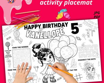 Personalized Birthday Party Mat, VANELLOPE Birthday Party Activity Sheet, Custom Word Search, Custom vanellope Birthday Coloring, V28