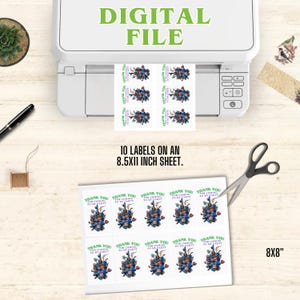 May include: A white printer is shown with a sheet of labels. The labels have a blue and green floral design and the text "Thank you for coming to my party". The sheet is 8.5x11 inches and contains 10 labels. The text "Digital File" is at the top.