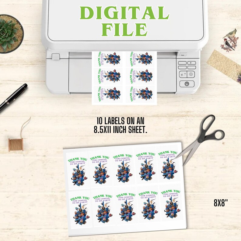 May include: A white printer is shown with a sheet of labels. The labels have a blue and green floral design and the text "Thank you for coming to my party". The sheet is 8.5x11 inches and contains 10 labels. The text "Digital File" is at the top.