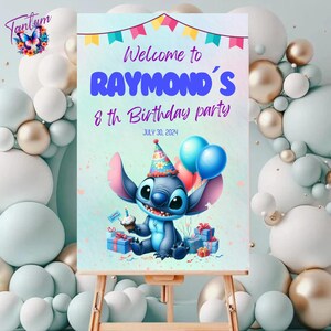 May include: A blue and purple welcome sign for Raymond's 8th birthday party. The sign features a cartoon Stitch character holding a cupcake and surrounded by balloons and presents. The date July 30, 2024 is printed on the sign.